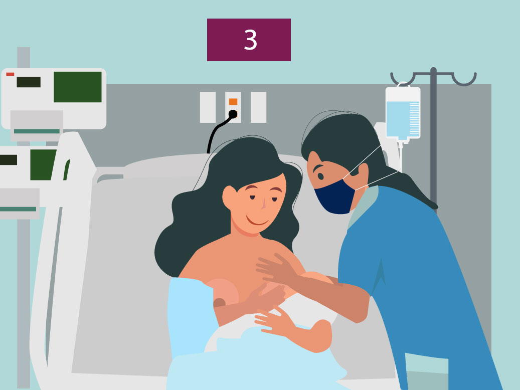 Ilustración que muestra el apoyo del personal de salud a una mujer lactante.