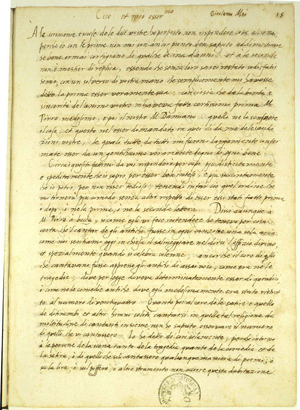 Fotografía de la carta de Girolamo Mei a Vincenzo Galilei.