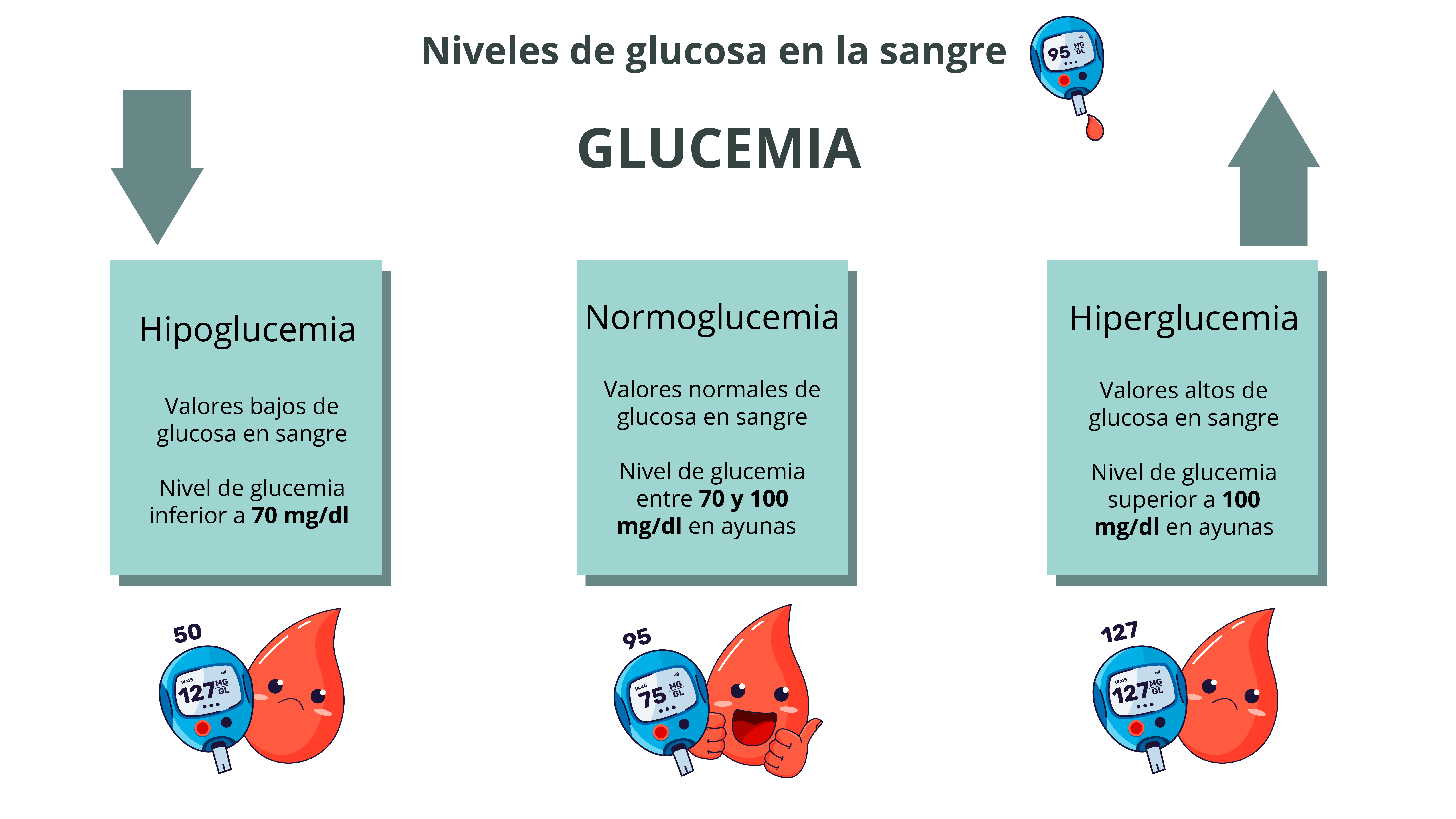 Infografía que muestra los niveles de glucosa en la sangre: hipoglucemia, normoglucemia e hiperglucemia.