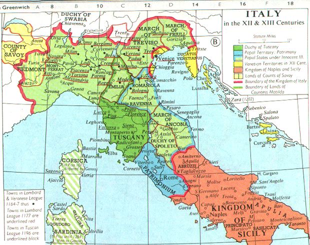 Mapa de la península italiana en los siglos XII y XIII