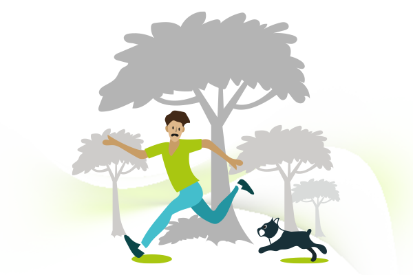 Ilustración que muestra a un perro persiguiendo a una persona que corre. 