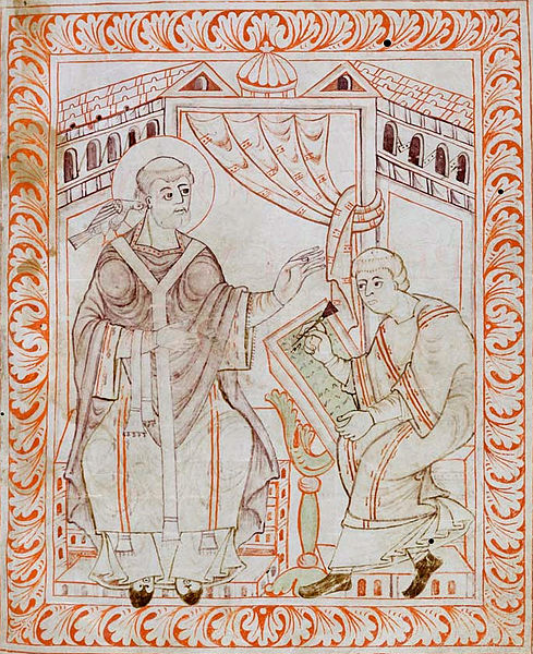 San Gregorio Recibiendo los cantos de una paloma, frente a un escribano.