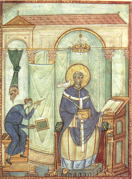 San Gregorio, recibiendo las melodías del canto gregoriano a través del Espíritu Santo.