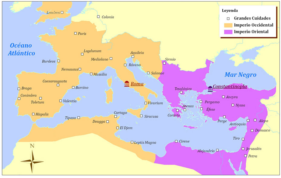 Mapa del Imperio romano dividido en occidente y oriente.