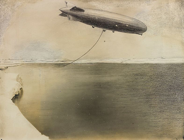 un dibujo del dirigible Graf Zeppelin LZ 127 flotando sobre el mar polar. Fridtjof esperaba que se pudiera medir la profundidad del hielo con sonda sonora sin tener que aterrizar.