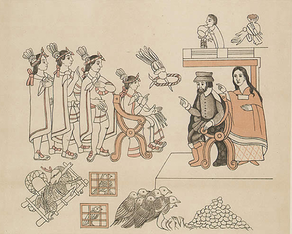 ilustración de la Malinche y Hernán Cortes en Tenochtitlan.