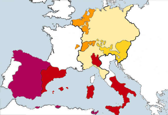 Territorios controlados en Europa por Carlos I de España en 1519. Debido a la concentración de títulos en manos de Carlos I, Francia pasa a estar en una posición geopolítica complicada.