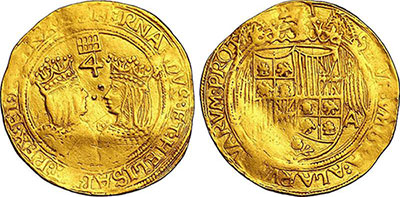 Ilustración de un cuádruple ducado de oro con la efigie de los reyes Isabel y Fernando 