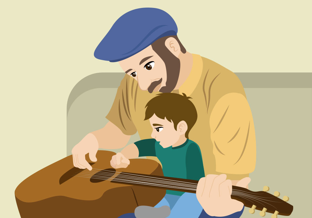 Padre dejando a su hijo a explorar una guitarra