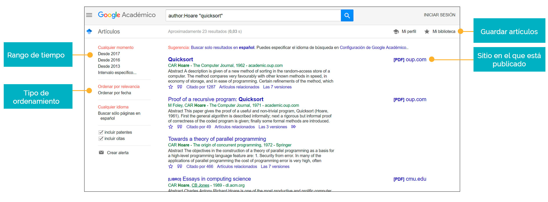 Pantalla de resultados al buscar información en Google Académico