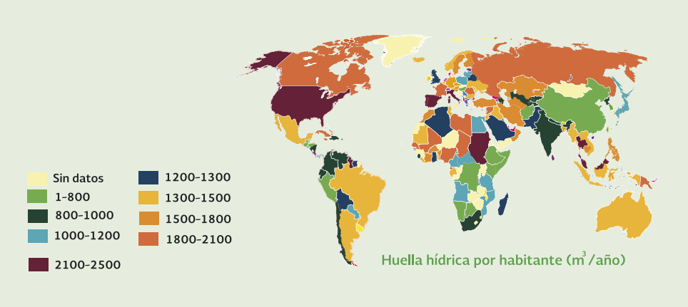 Mapa del mundo que muestra la hh por habitante en 9 categorías que van de 1 a 800 metros cúbicos sobre año, 800 a 1000, 1000 a 1200, 1200 a 1300, 1300 a 1500, 1500 a 1800, 1800 a 2100, 2100 a 2500 y países sin datos 